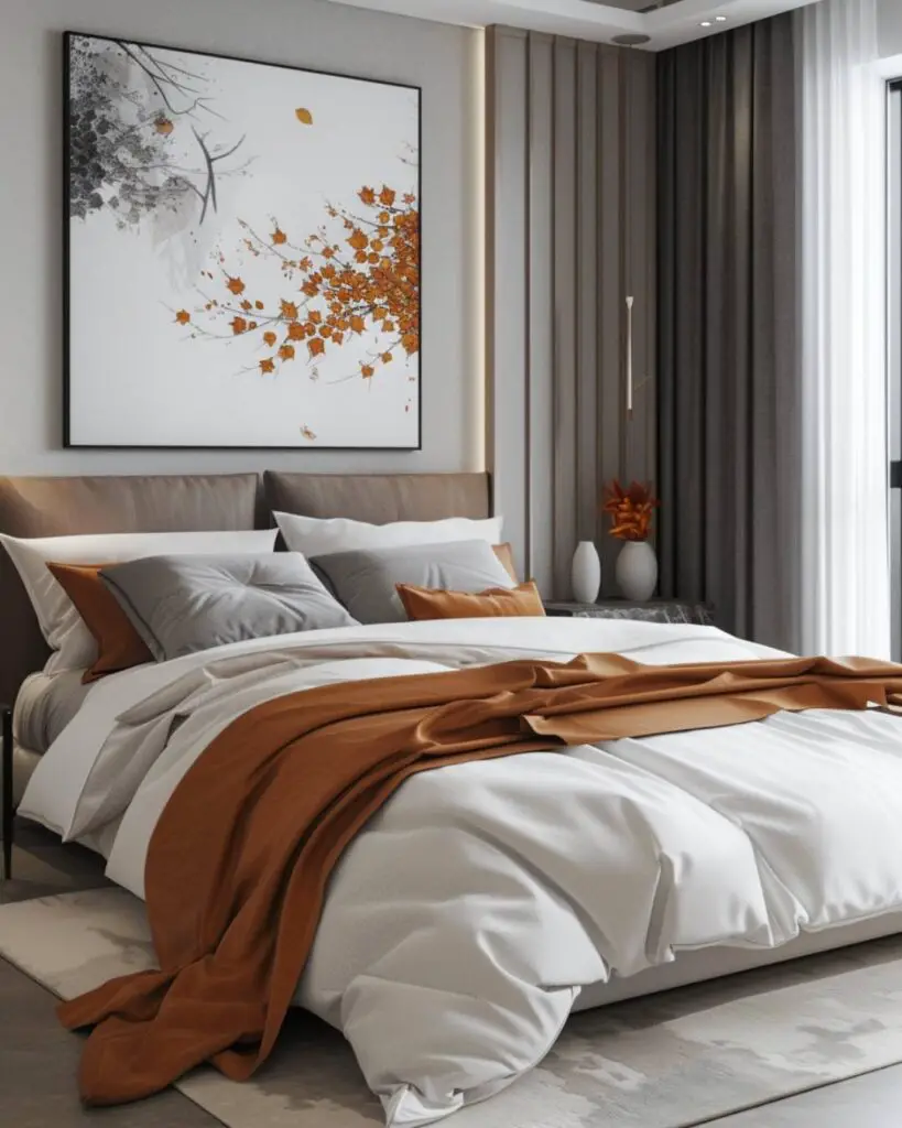 A bedroom shelters amid woven layers, wood details and nature's fading gifts softly lit.