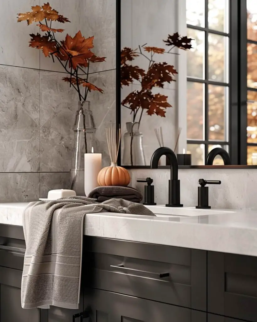 Bathroom featuring woven basket, rustic cabinets and fall wreath decor.
