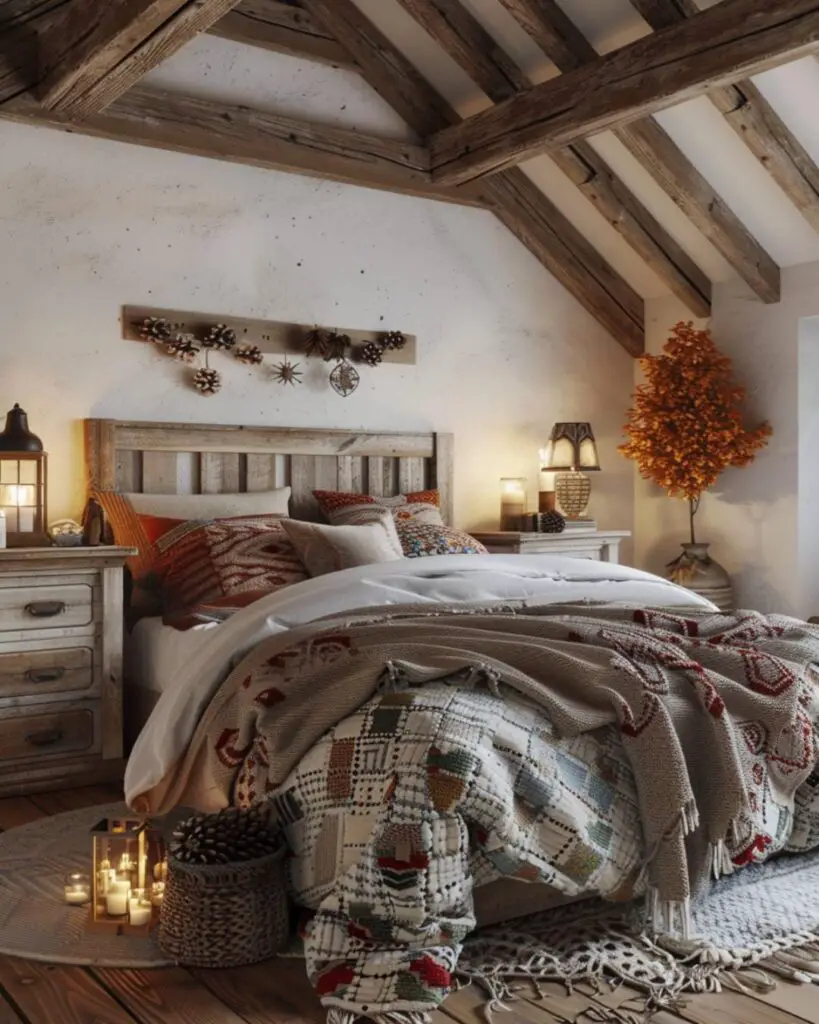 A bedroom infused with calm through simple wooden and dried natural details.