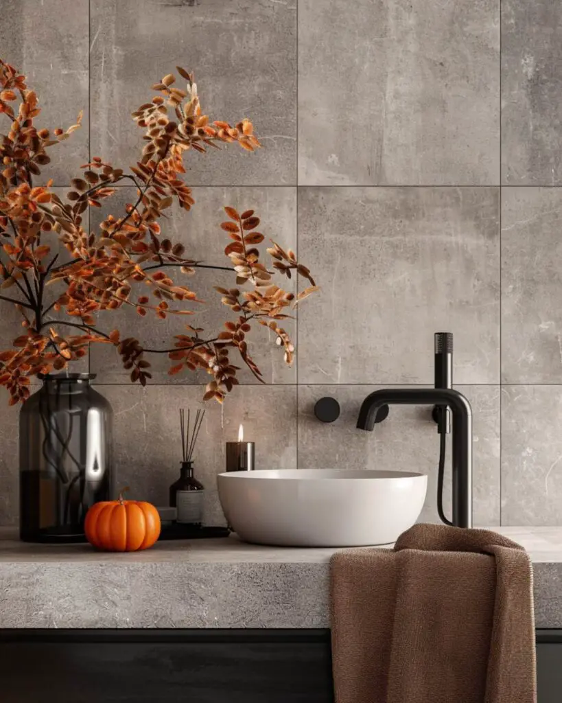 Wreath-adorned bathroom featuring pumpkin display and candle light.