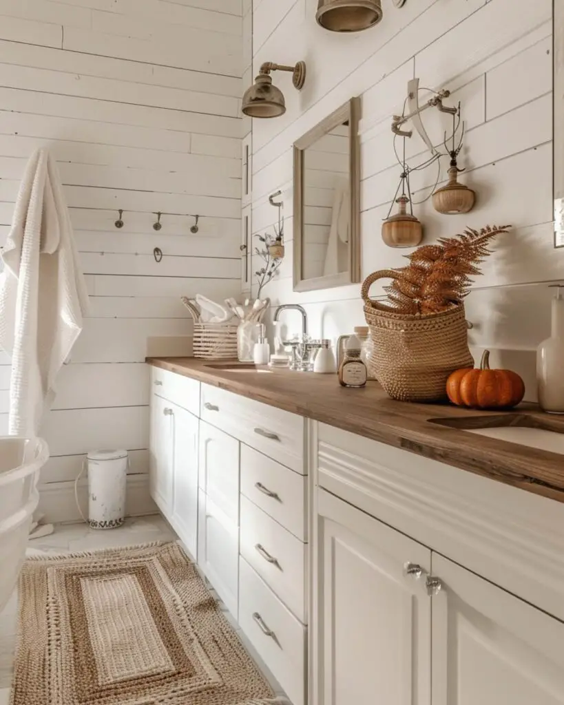 Cozy bathroom with fall wreath, wood accents and woven basket.