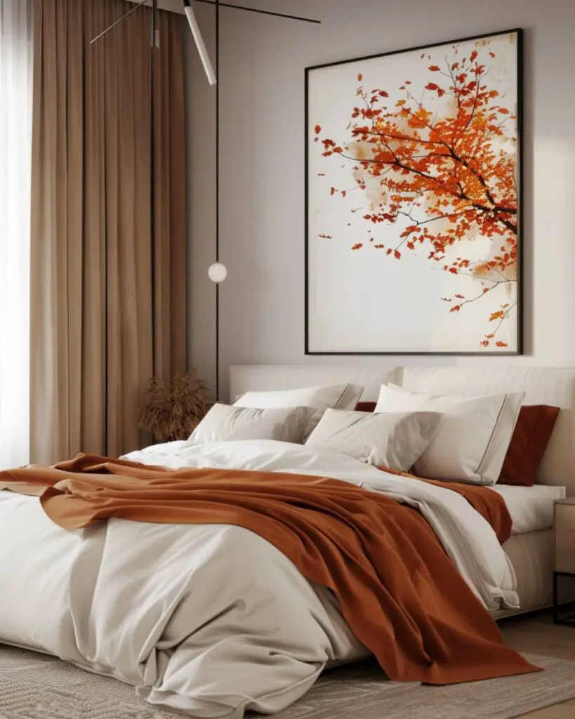 A bedroom cocoons in woven layers beneath an artwork of treetops glowing dimly by string light.