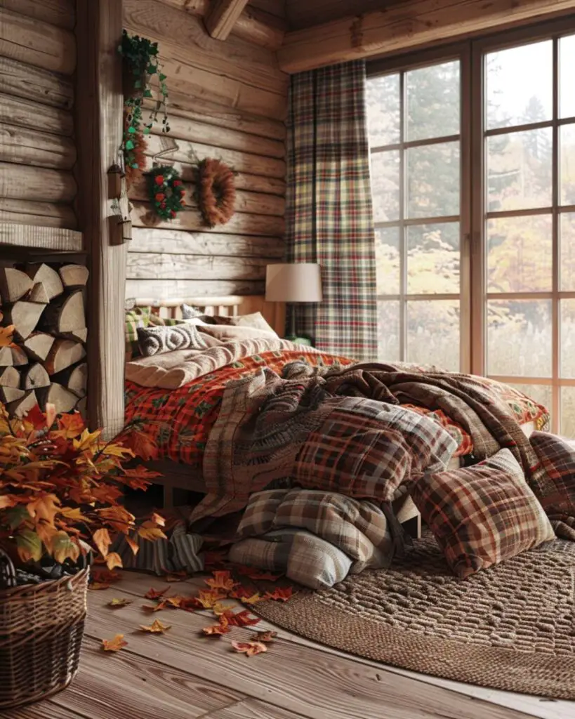 A room shelters in faded light amid woven textures, woodland art softly lit.