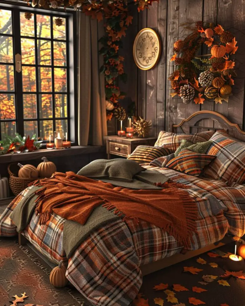 A bedroom finds calm in warm tones, drifting thoughts and painted woodland boughs.