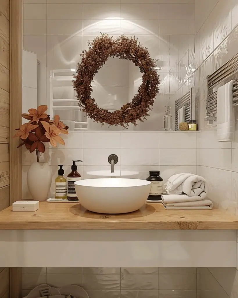 Woven basket, wooden walls in fall bathroom.