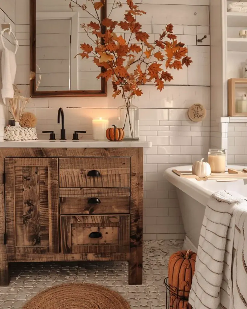 Rustic bathroom decorated for fall with wooden furniture and foliage.
