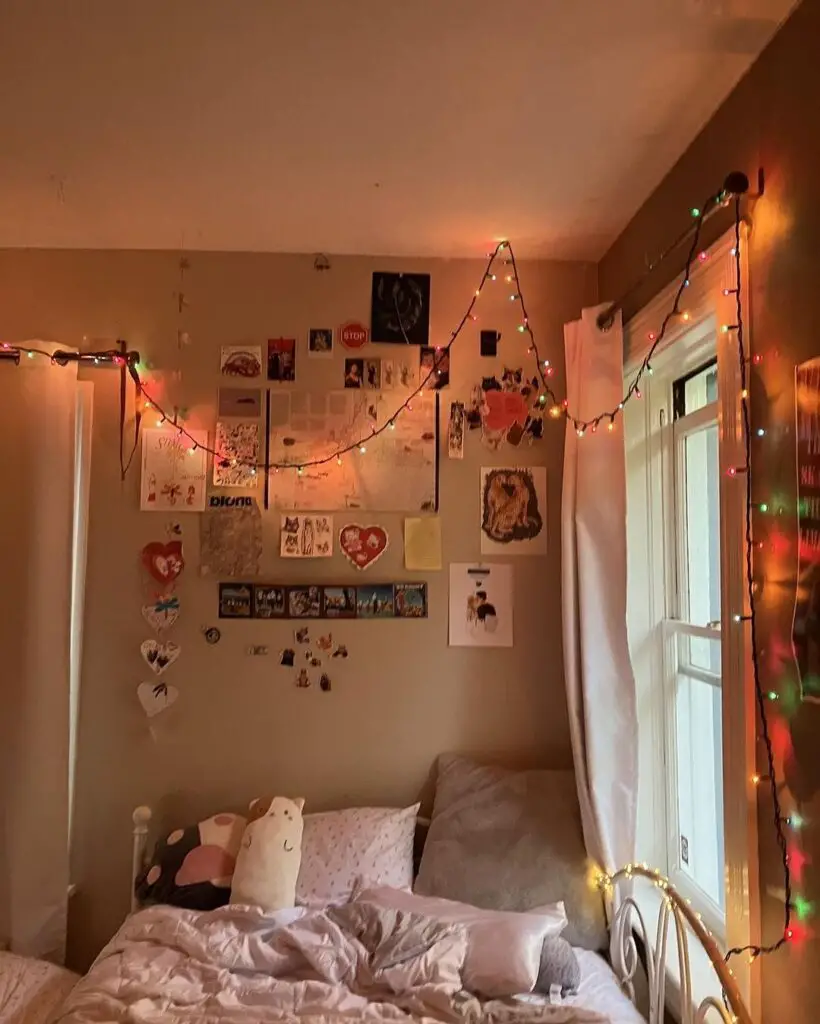 Cozy bedroom with fairy lights, personal decor