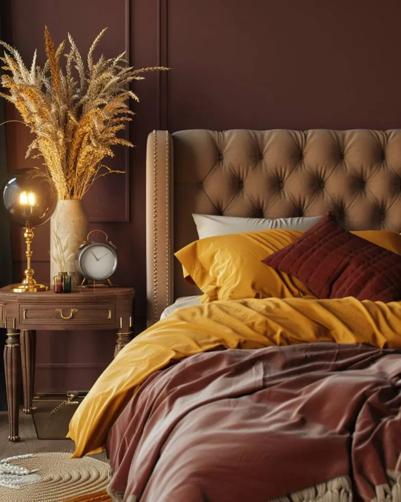 A rustically decorated bedroom for autumn featuring a plush rug