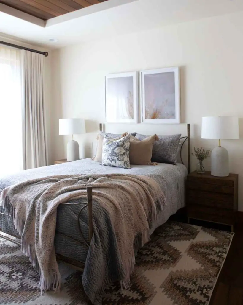 Cozy autumn bedroom with rumpled bed sheets