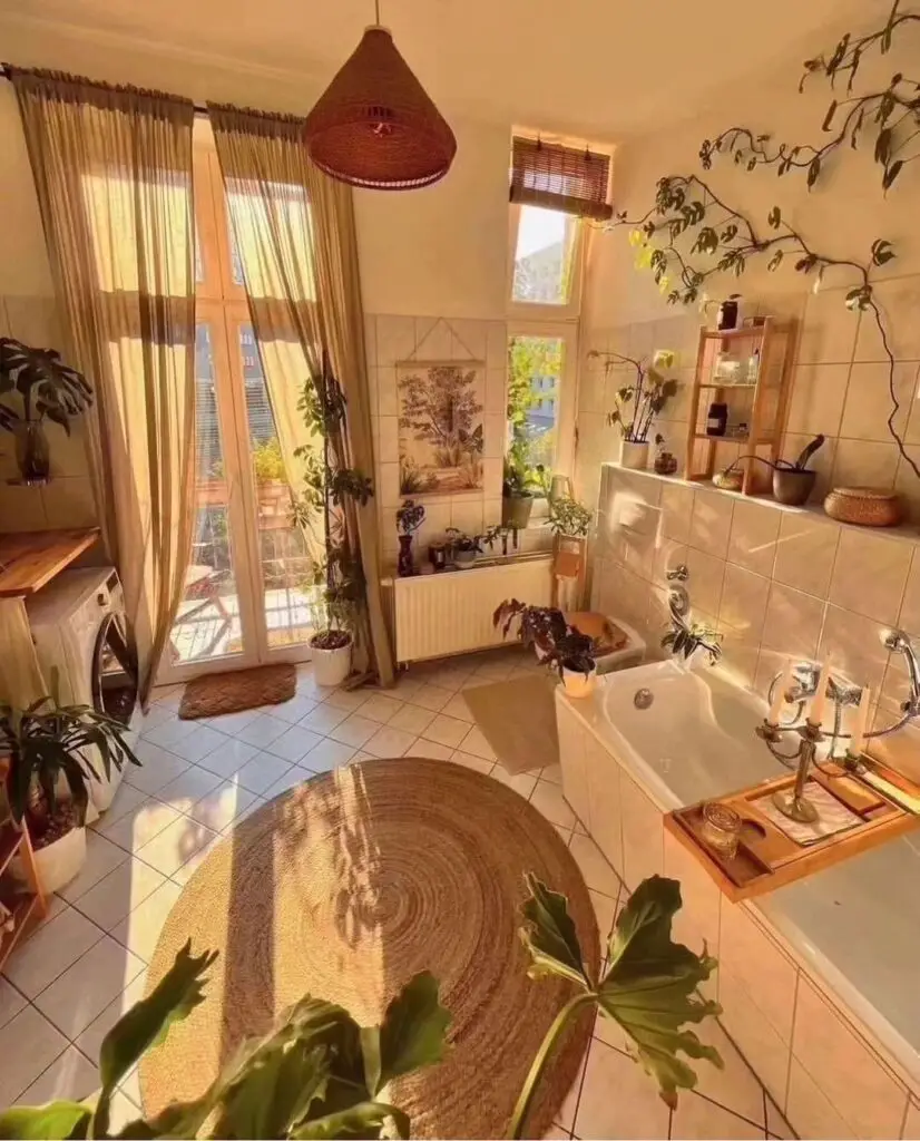 Sunlit bathroom with many plants white tub and woven rug