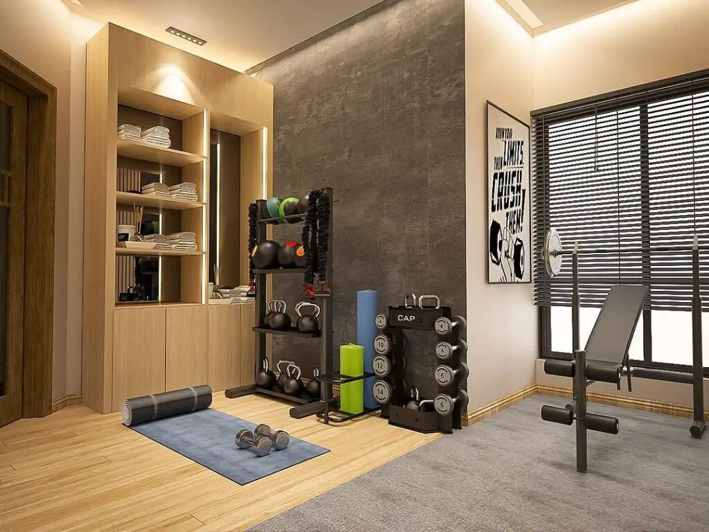 Compact home gym with wooden shelves and exercise equipment