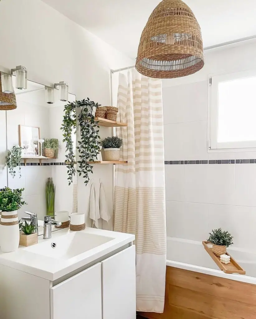 White bathroom with woven lamp plants and striped curtain