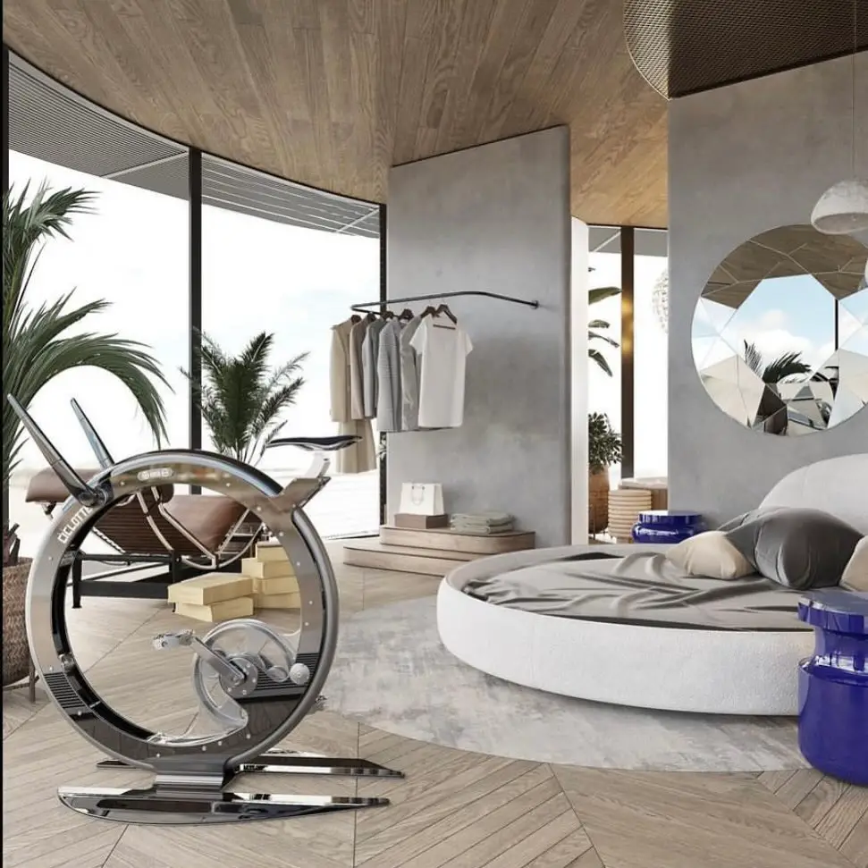Modern bedroom with exercise wheel and coastal decor