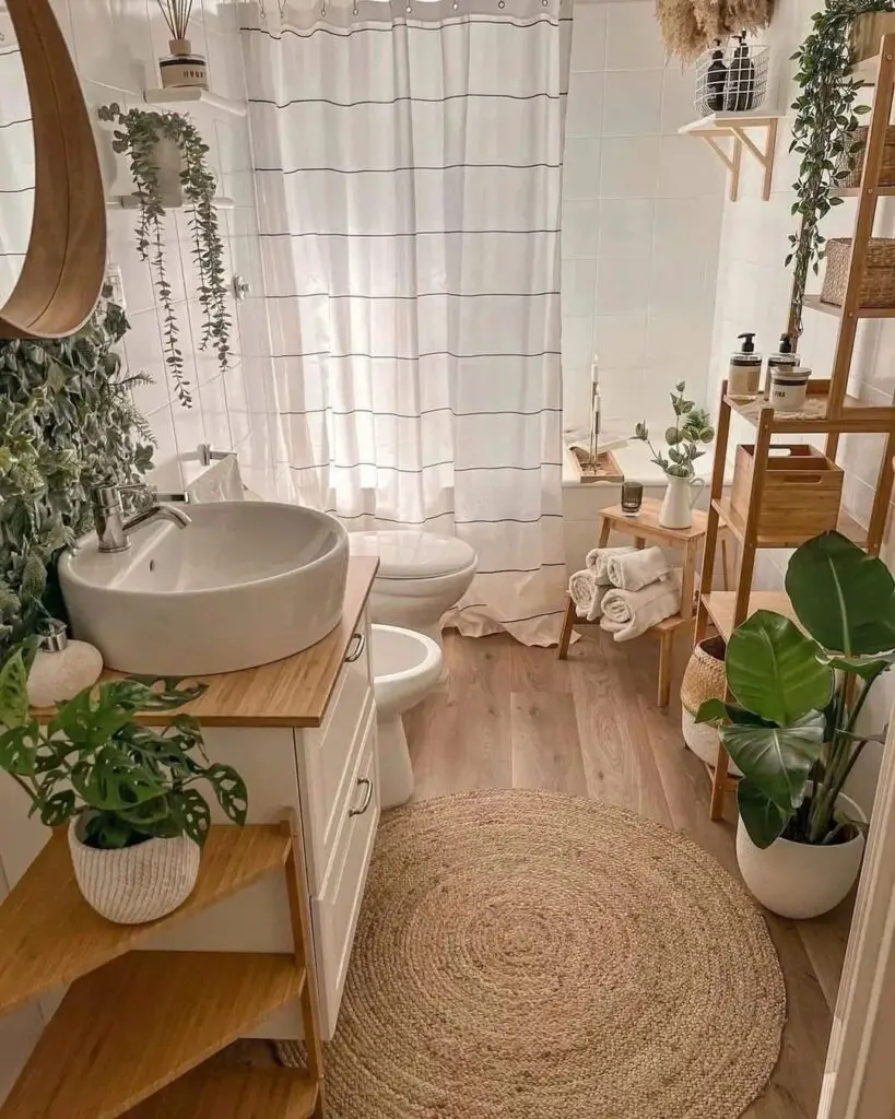 Bathroom with white walls wooden accents and many plants