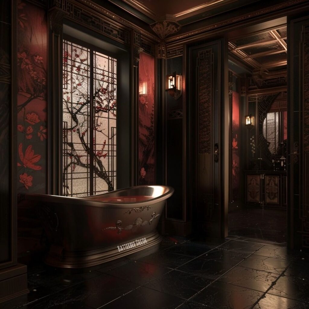 Luxurious dark bathroom with Asian-inspired decor and ornate bathtub