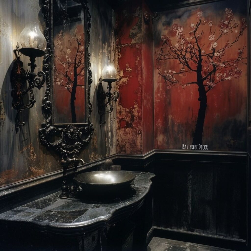 Dark Gothic-style bathroom with red cherry blossom wall art and ornate fixtures