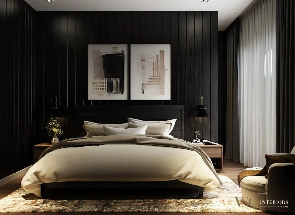 Modern bedroom with black walls and cream bedding
