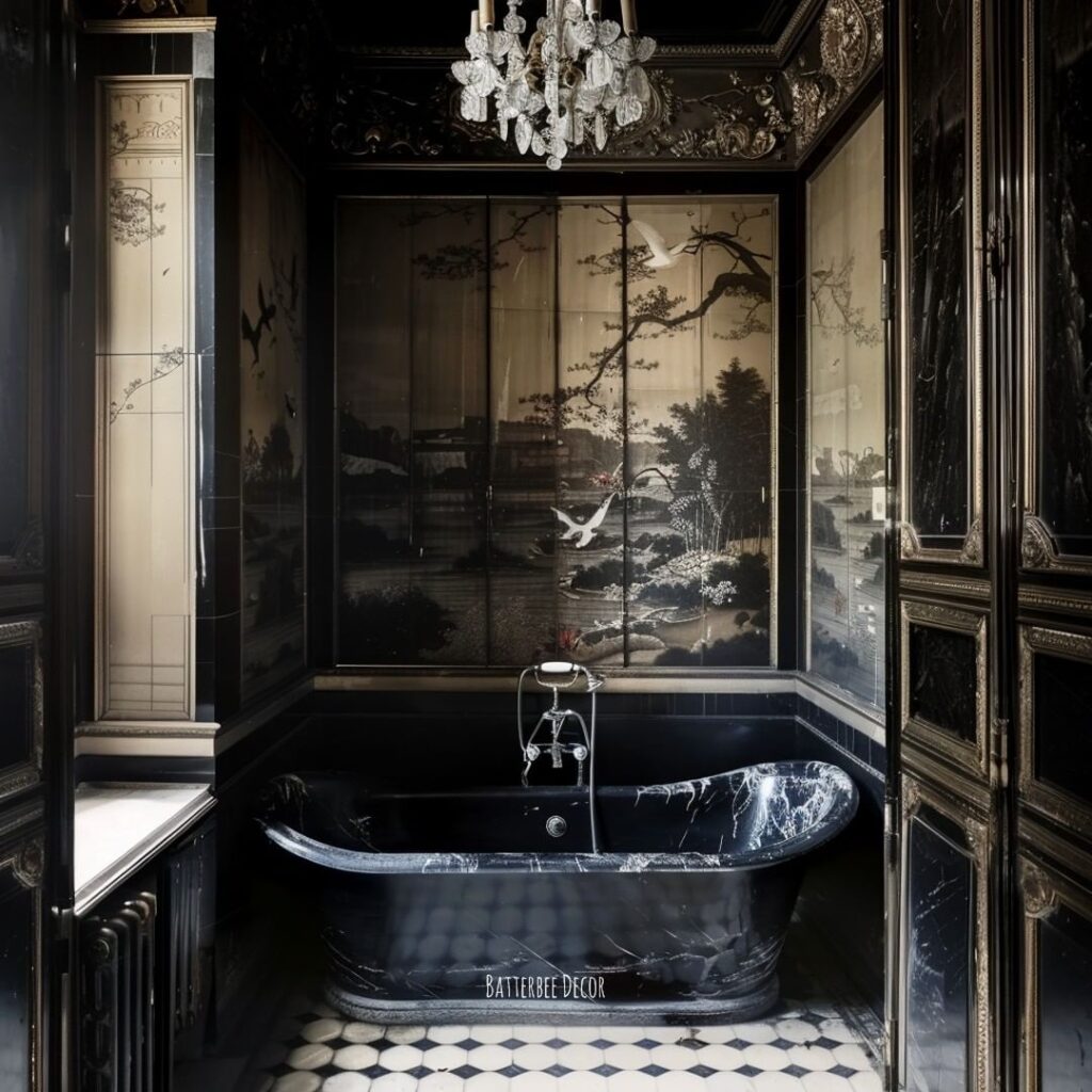 Luxurious dark bathroom with Asian-inspired wall art and black marble bathtub