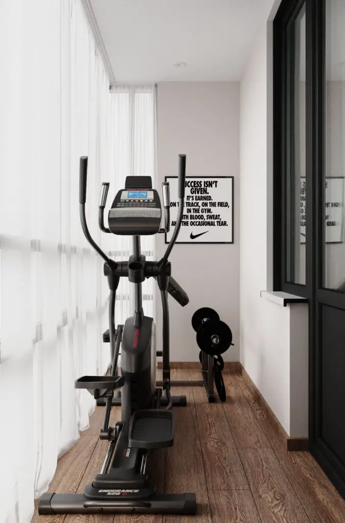 Compact corner gym with elliptical machine