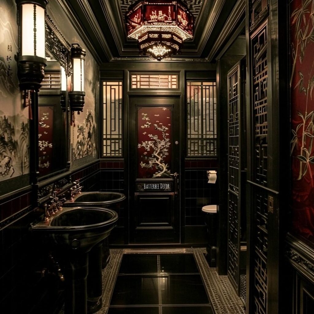 Dark luxurious bathroom with Chinese-inspired decor and ornate details