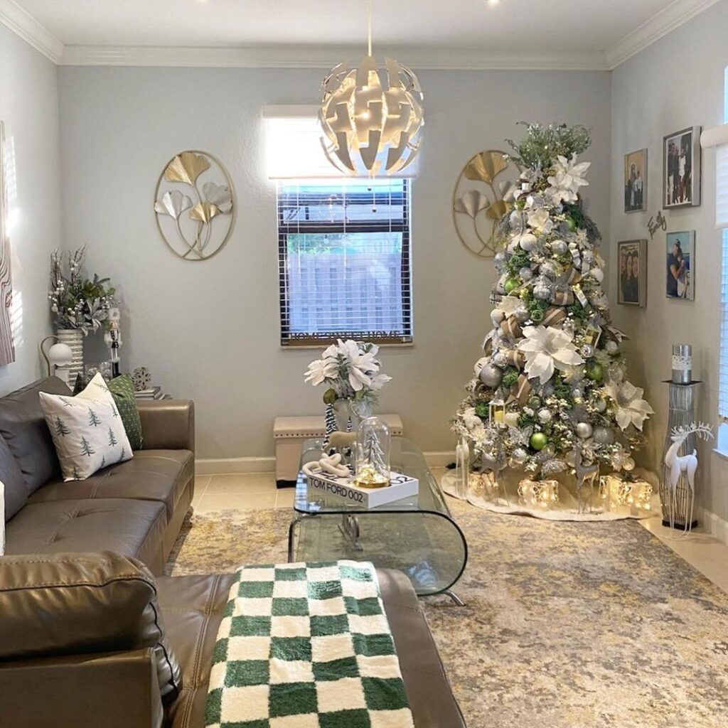 Elegant living room with white Christmas tree and modern decor