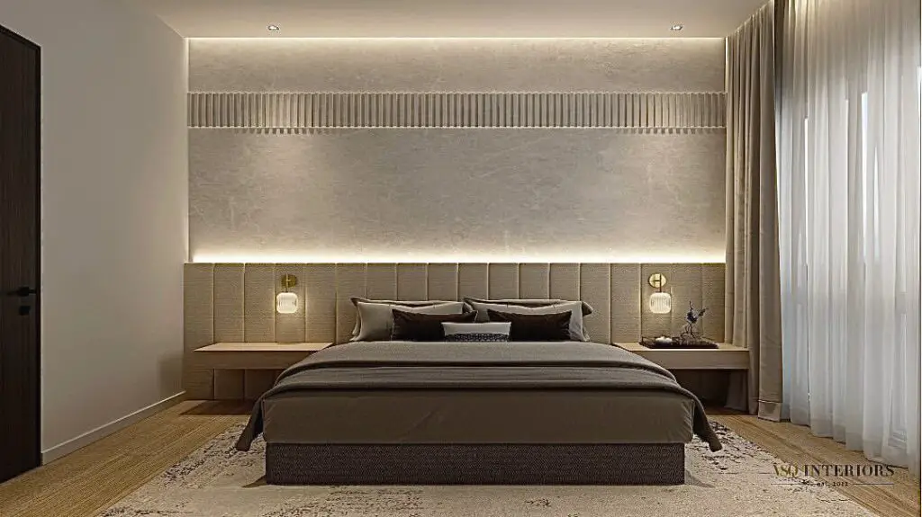 Modern bedroom with backlit headboard and neutral tones