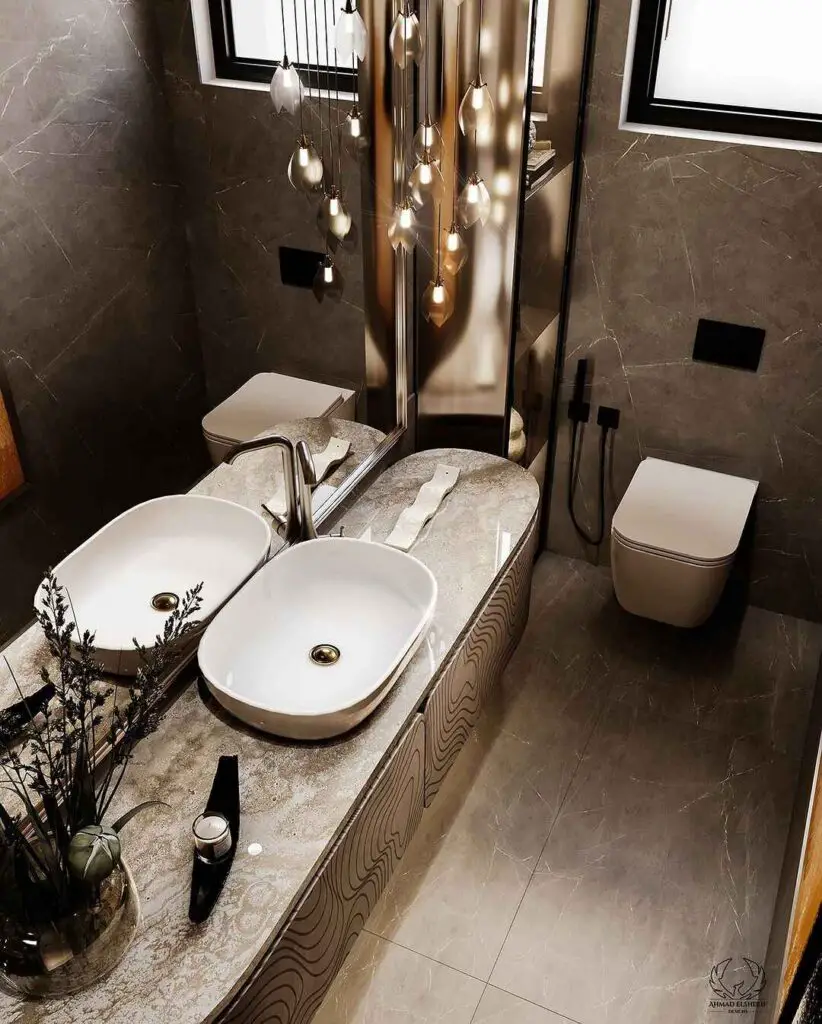 Luxurious bathroom with stone walls and hanging lights