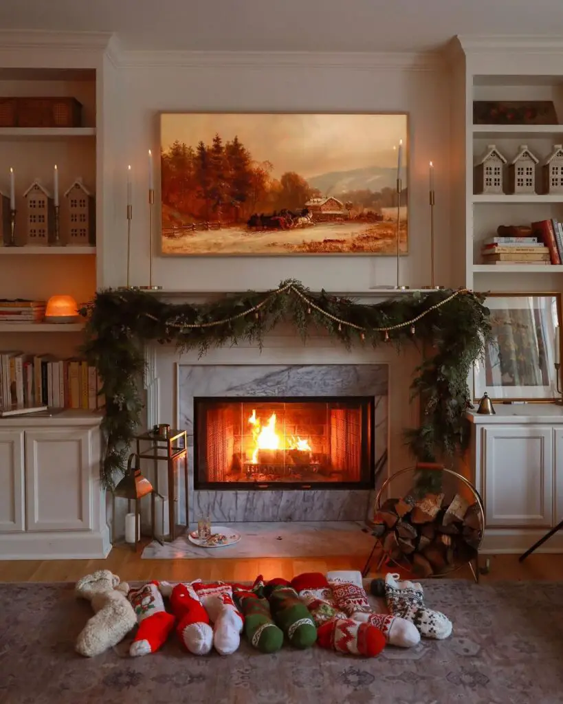 Festive living room with Christmas tree, fireplace, and sleeping baby