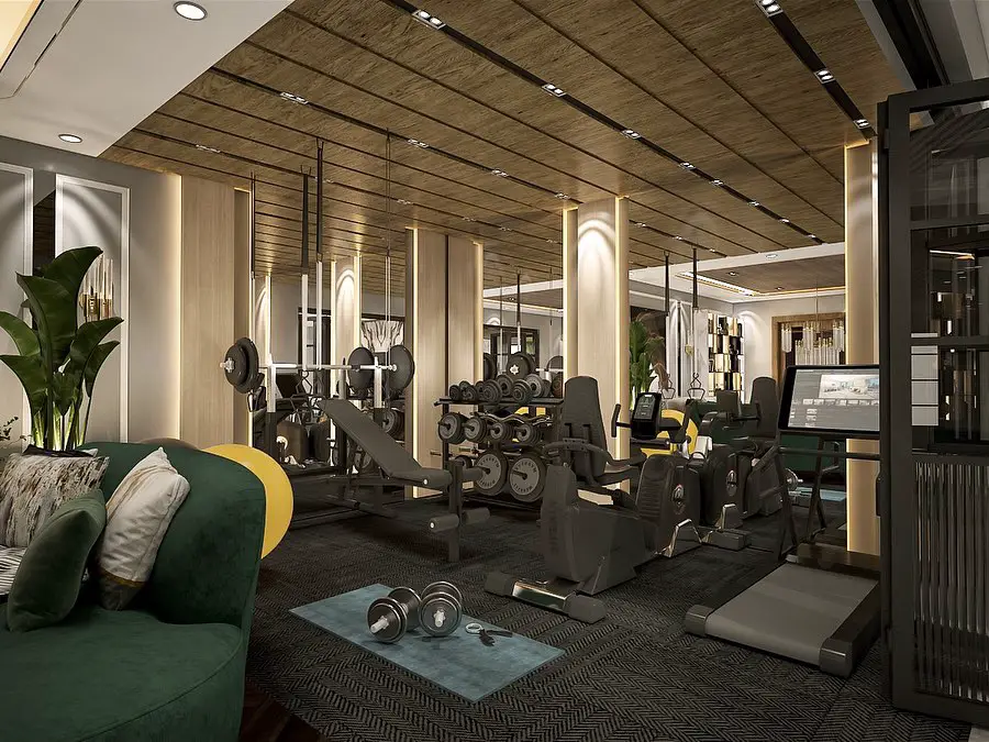 Luxurious home gym with wood ceiling and green sofa