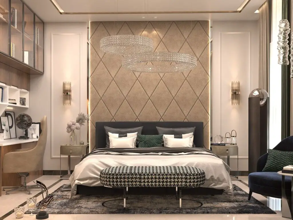 Elegant bedroom featuring diamond-patterned wall and crystal chandeliers