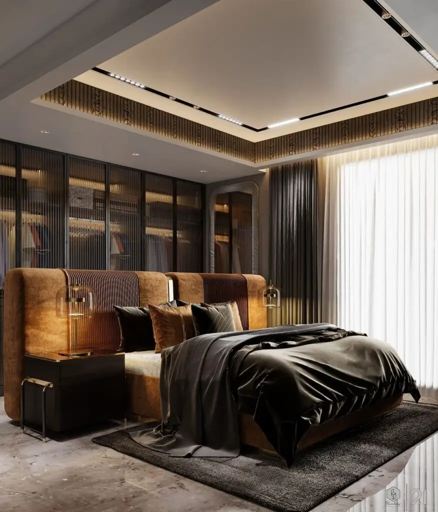 Luxurious bedroom with brown headboard and glass-front closet