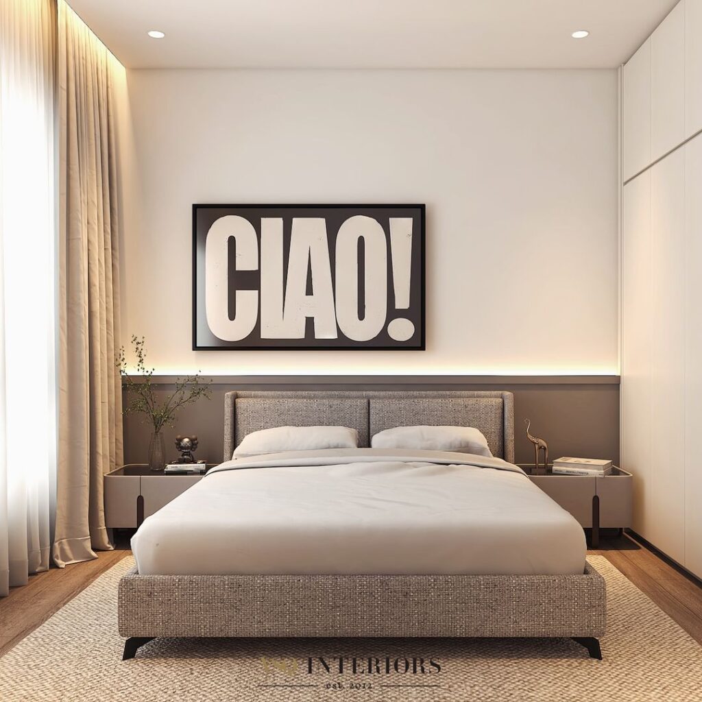 Modern bedroom featuring large Ciao artwork above bed