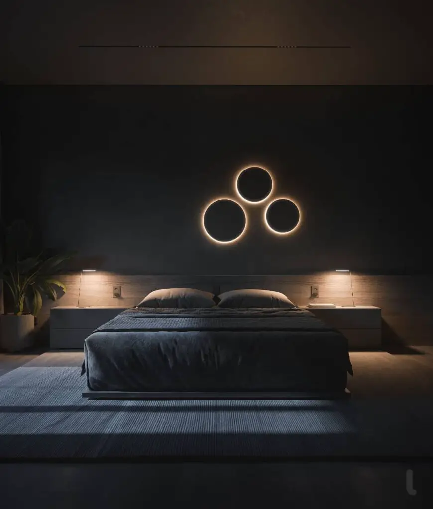 Modern dark bedroom with illuminated circular wall art