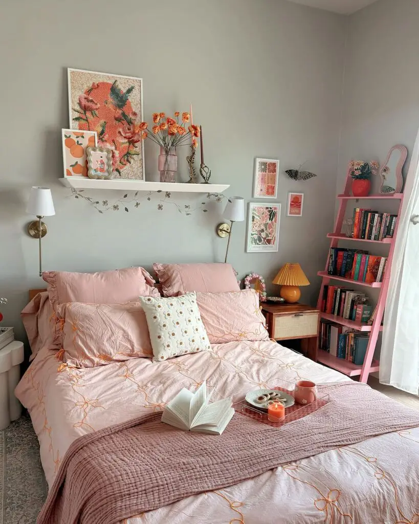 Dark cozy bedroom with autumn decor and soft lighting