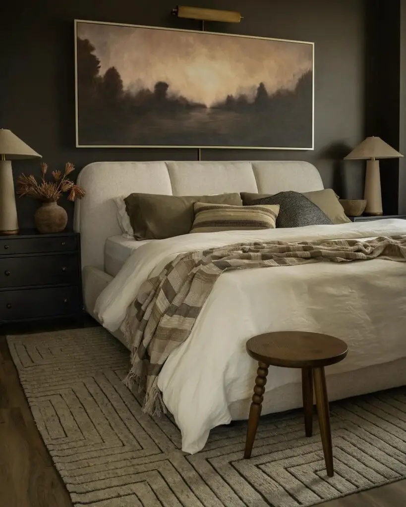Bedroom with dark walls large landscape painting and neutral bedding