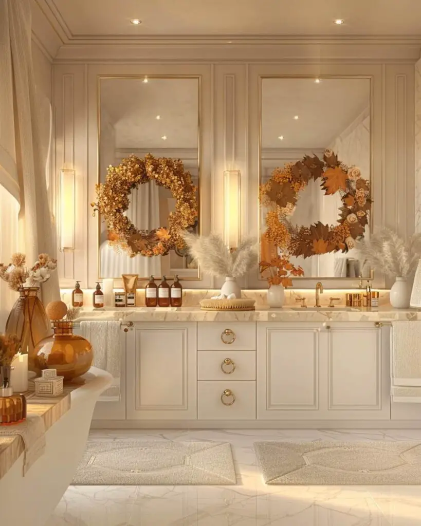 Autumnal bathroom featuring natural materials and wooden elements.