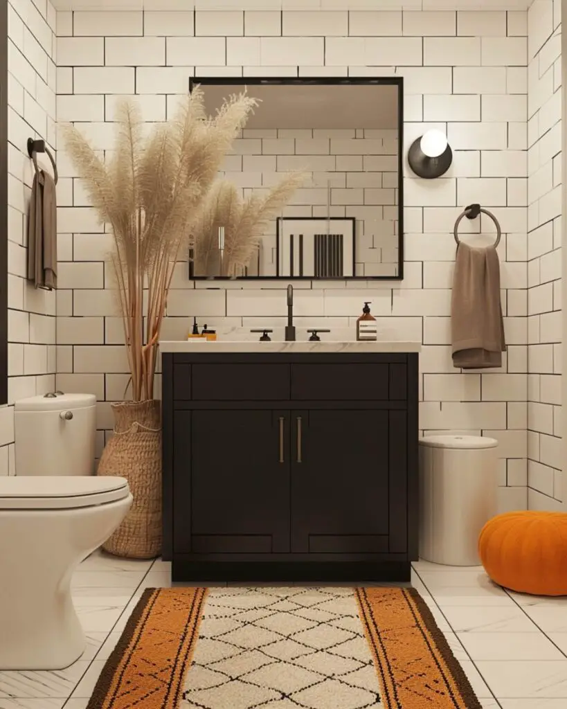Rustic bathroom featuring natural wreath and wooden accents.