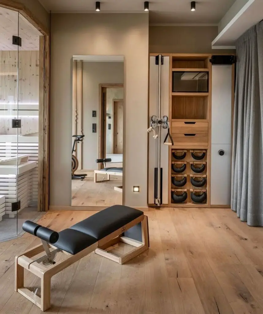 Minimalist home gym with wooden floors and built-in storage