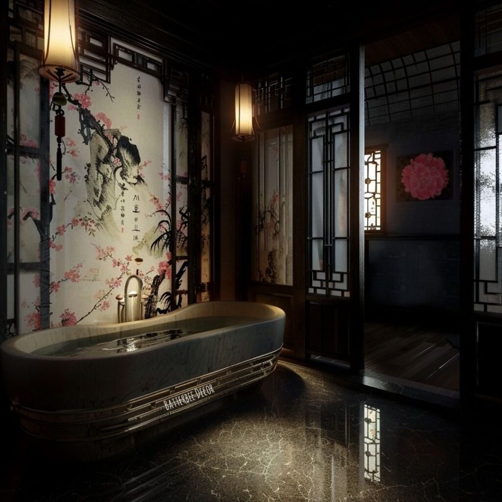 Dark Asian-style bathroom with painted walls and large bathtub
