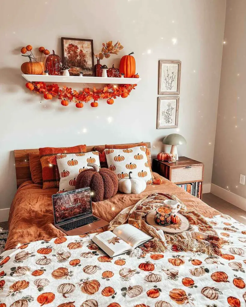 Bedroom filled with colorful autumn decorations and pumpkins