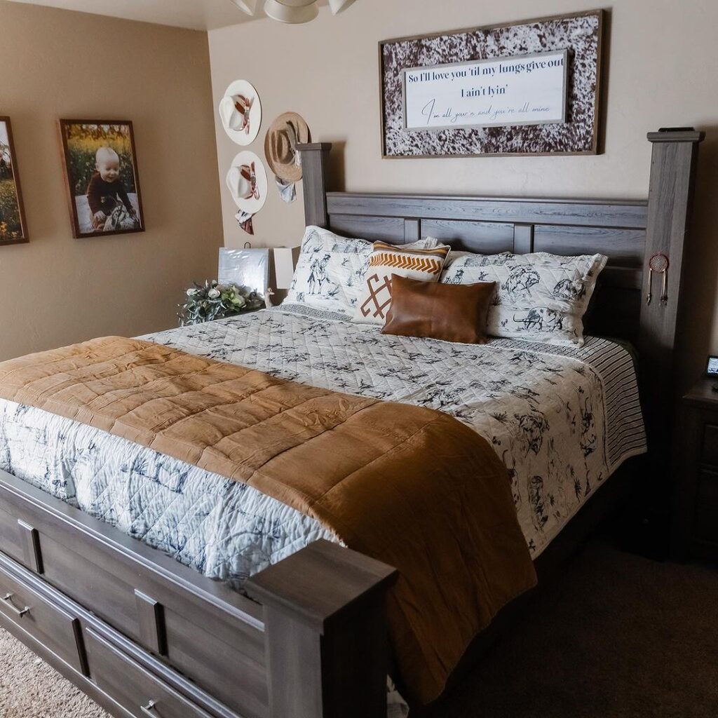 Farmhouse style bedroom with rustic decor and family photos