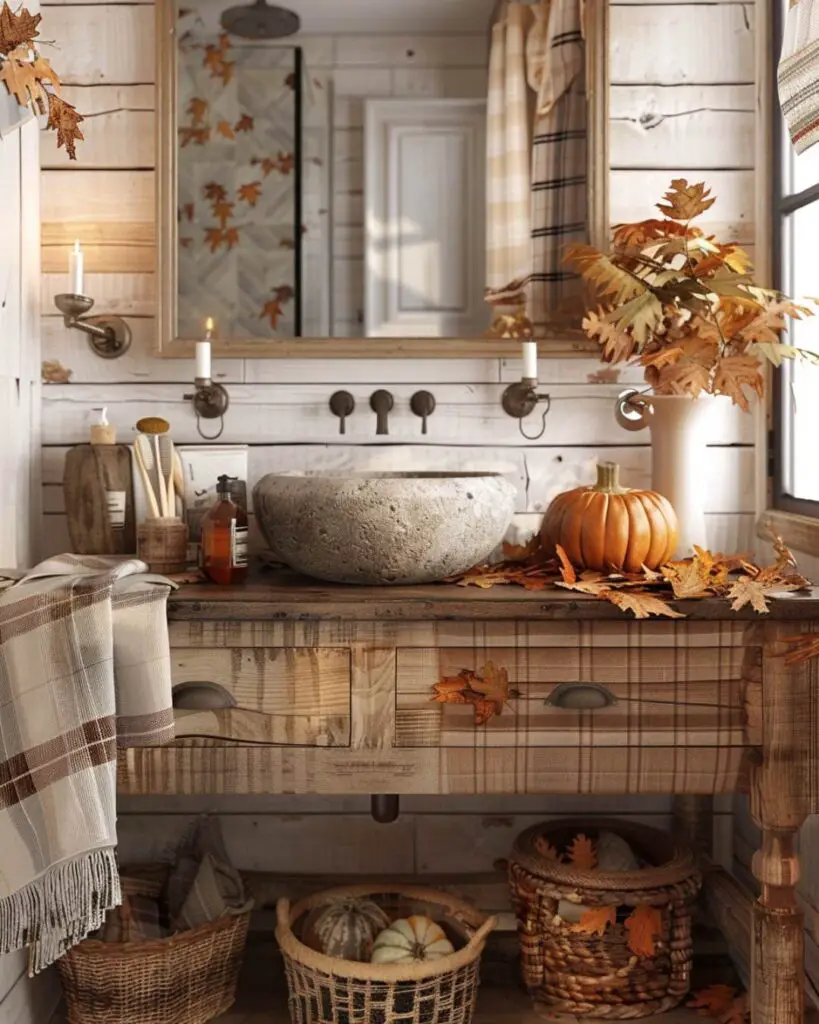 Autumn bathroom decor featuring wreath, wooden elements and burning candle.
