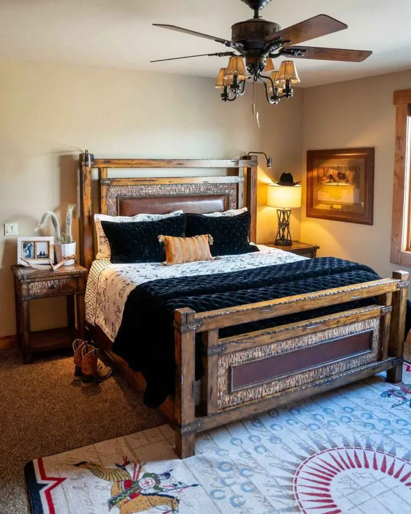 Western themed bedroom with rustic furniture and ranch decor