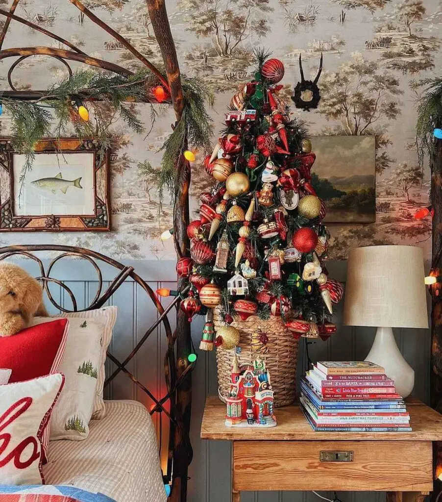 A rustic Christmas tree decorated with outdoorsy ornaments like pinecones, wooden houses