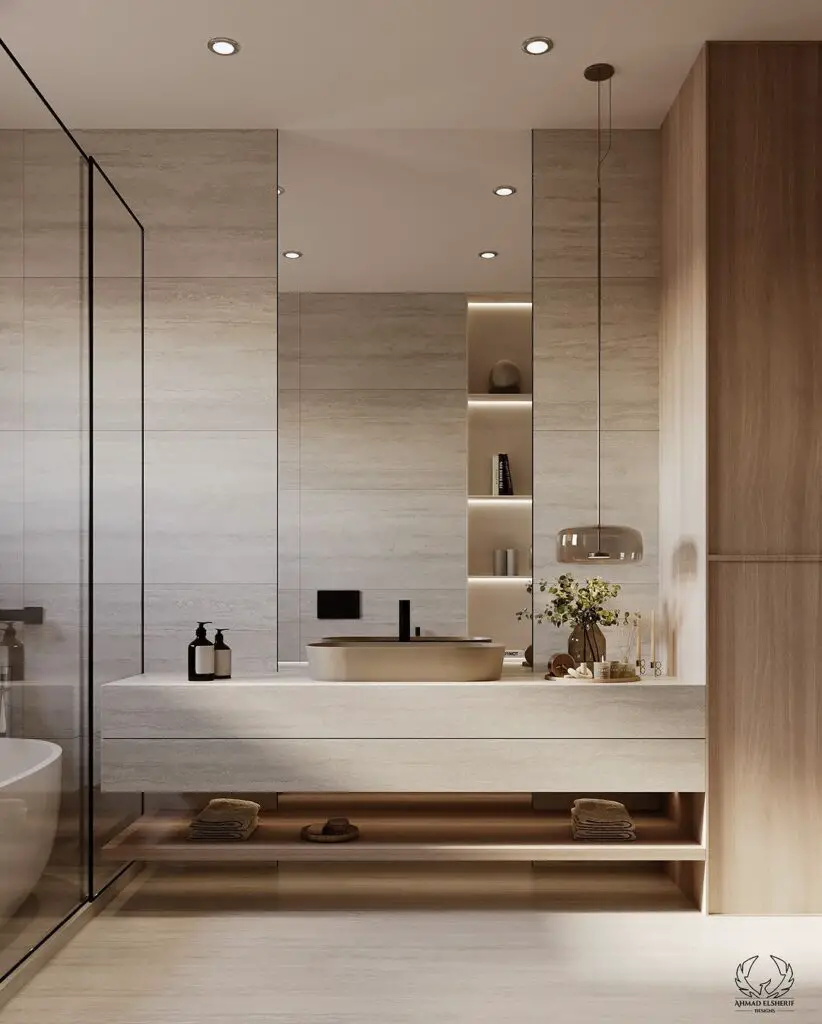 Modern minimalist bathroom with beige tones and glass shower