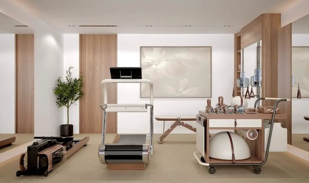 Minimalist home gym with sleek equipment and wooden accents