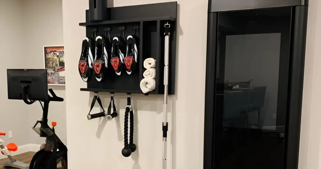 Organized home gym corner with bike and storage rack