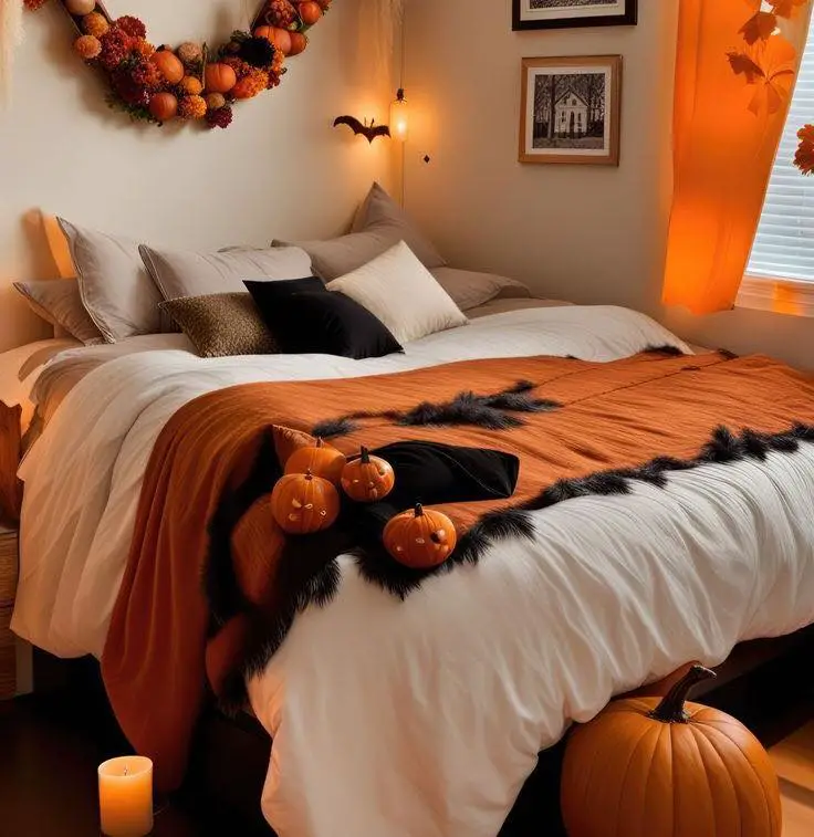 Bedroom with Halloween decorations orange accents and pumpkins