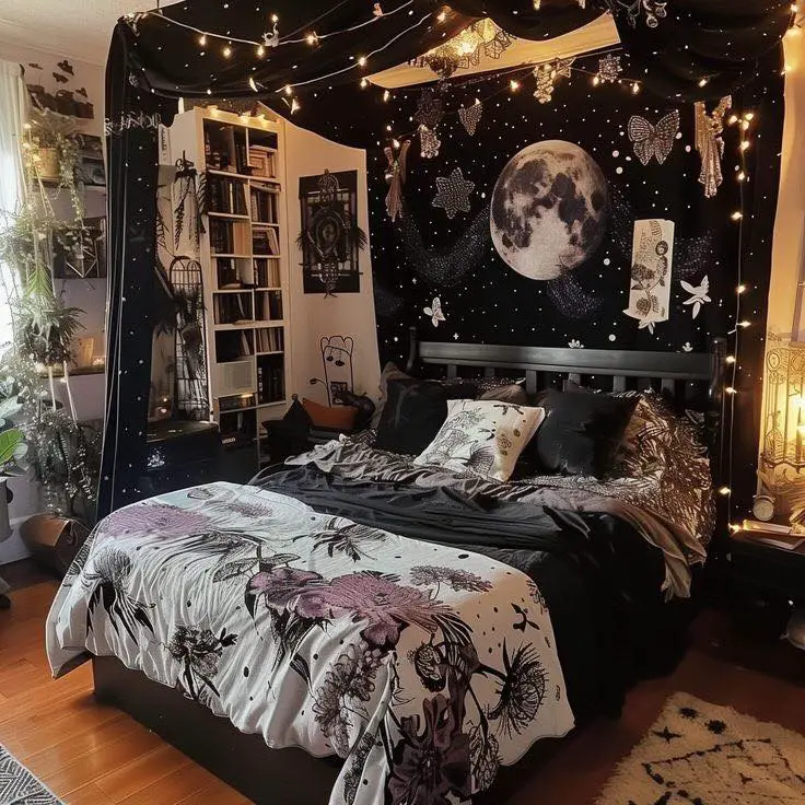 Bedroom with starry night theme fairy lights and nature-inspired decor