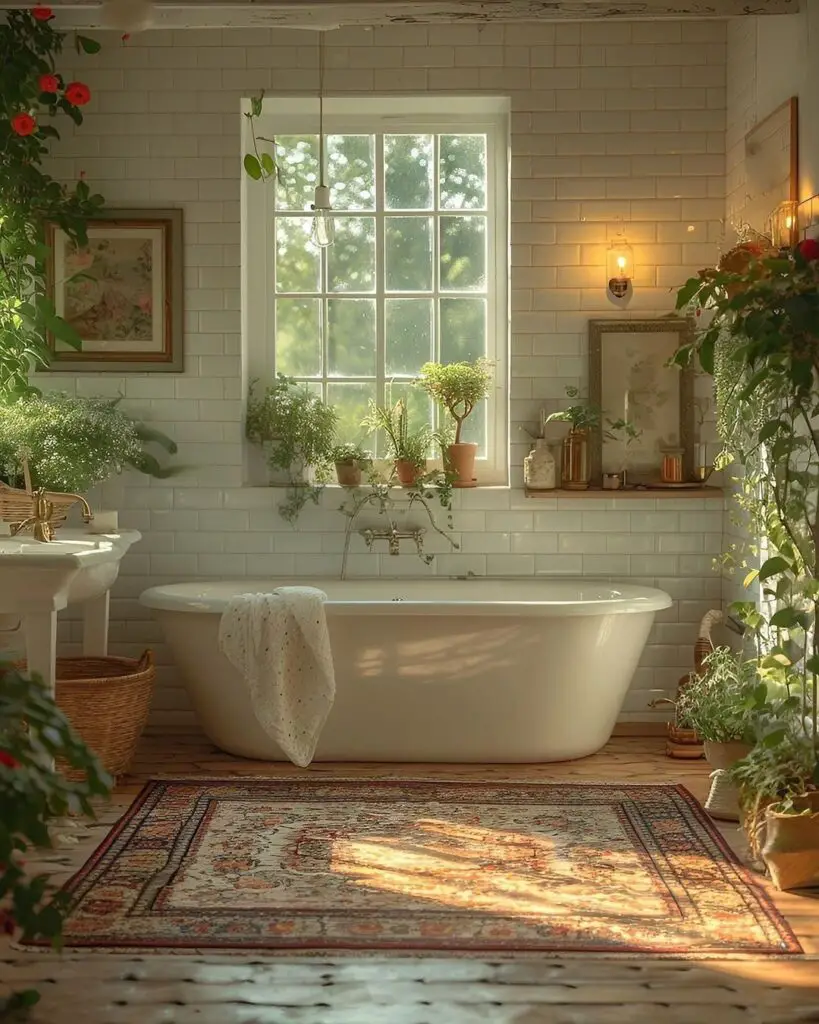 Sunny bathroom with white tub plants and large window